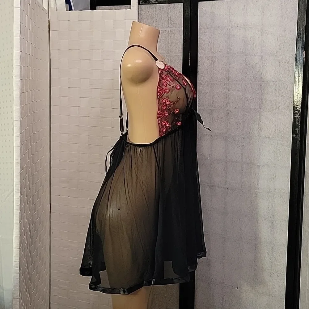 BRAND NEW SPREE INTIMATES BABYDOLL LINGERIE WOMEN WIDE STRAP HALTER NIG…